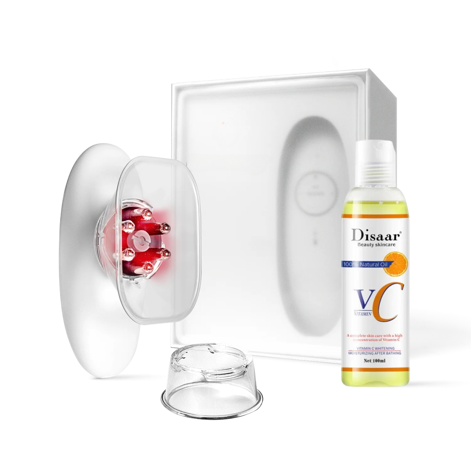 The MiaBody Basic Setfeaturing a beauty device with a red treatment head, a clear attachment, and a bottle of Disaar Vitamin C oil. The device is positioned next to its sleek white packaging, highlighting the essential components for effective skincare treatments.