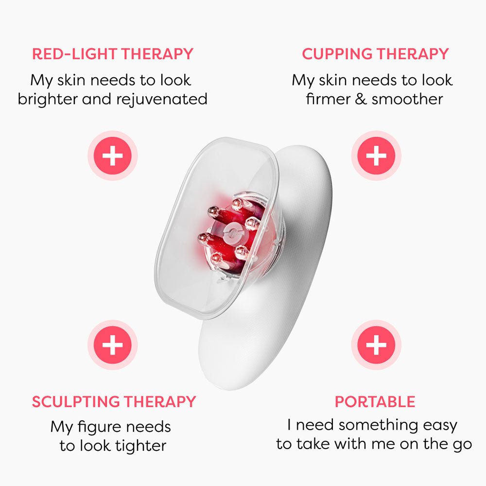 An infographic showcasing the features of the MiaBody device. It highlights four key therapies: Red-Light Therapy for brighter skin, Cupping Therapy for firmer and smoother skin, Sculpting Therapy for a tighter figure, and Portable design for easy travel. Each feature is accompanied by a brief description, emphasizing the device's multifunctionality.